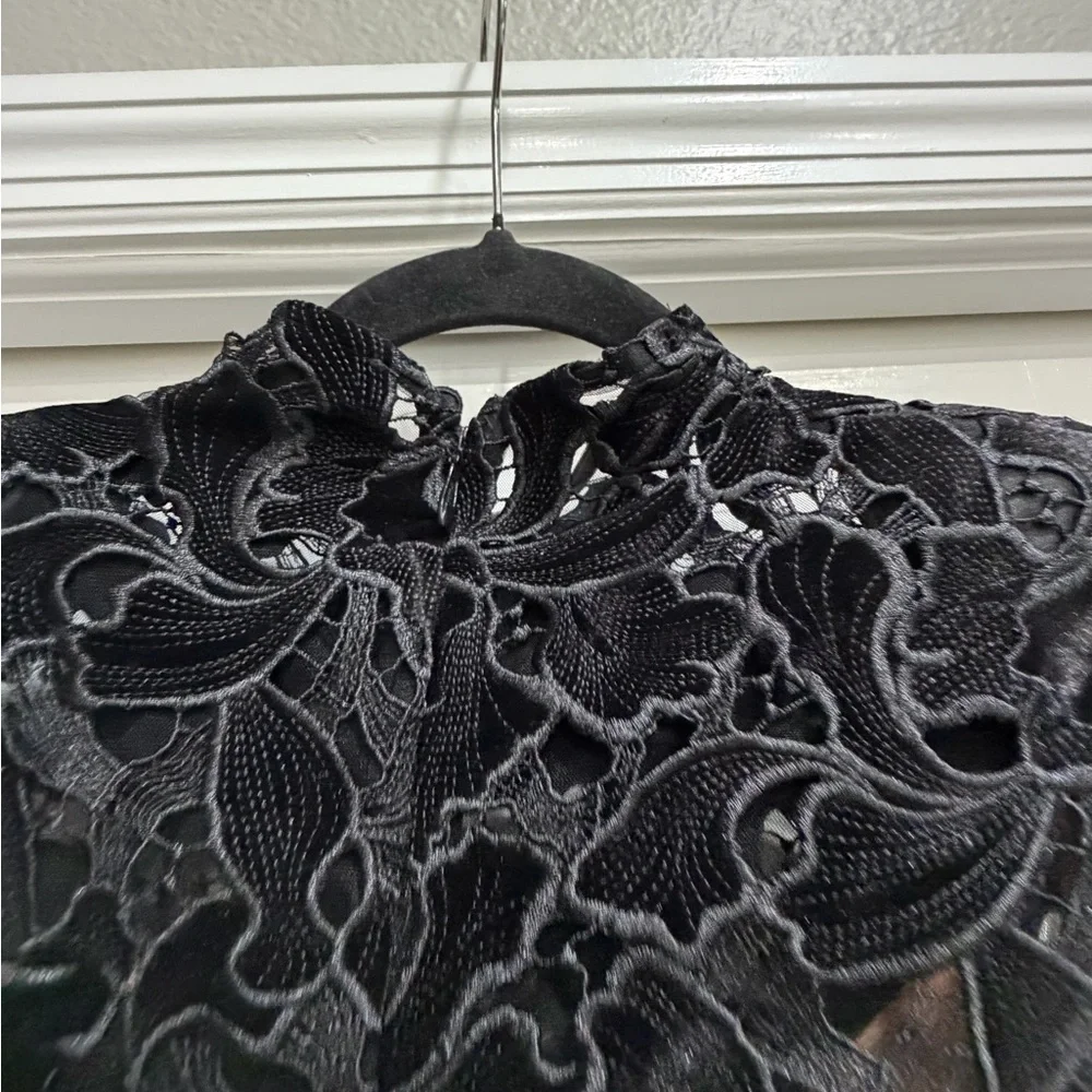 NADINE MERABI Black Floral Lace Long-Sleeve Midi Dress